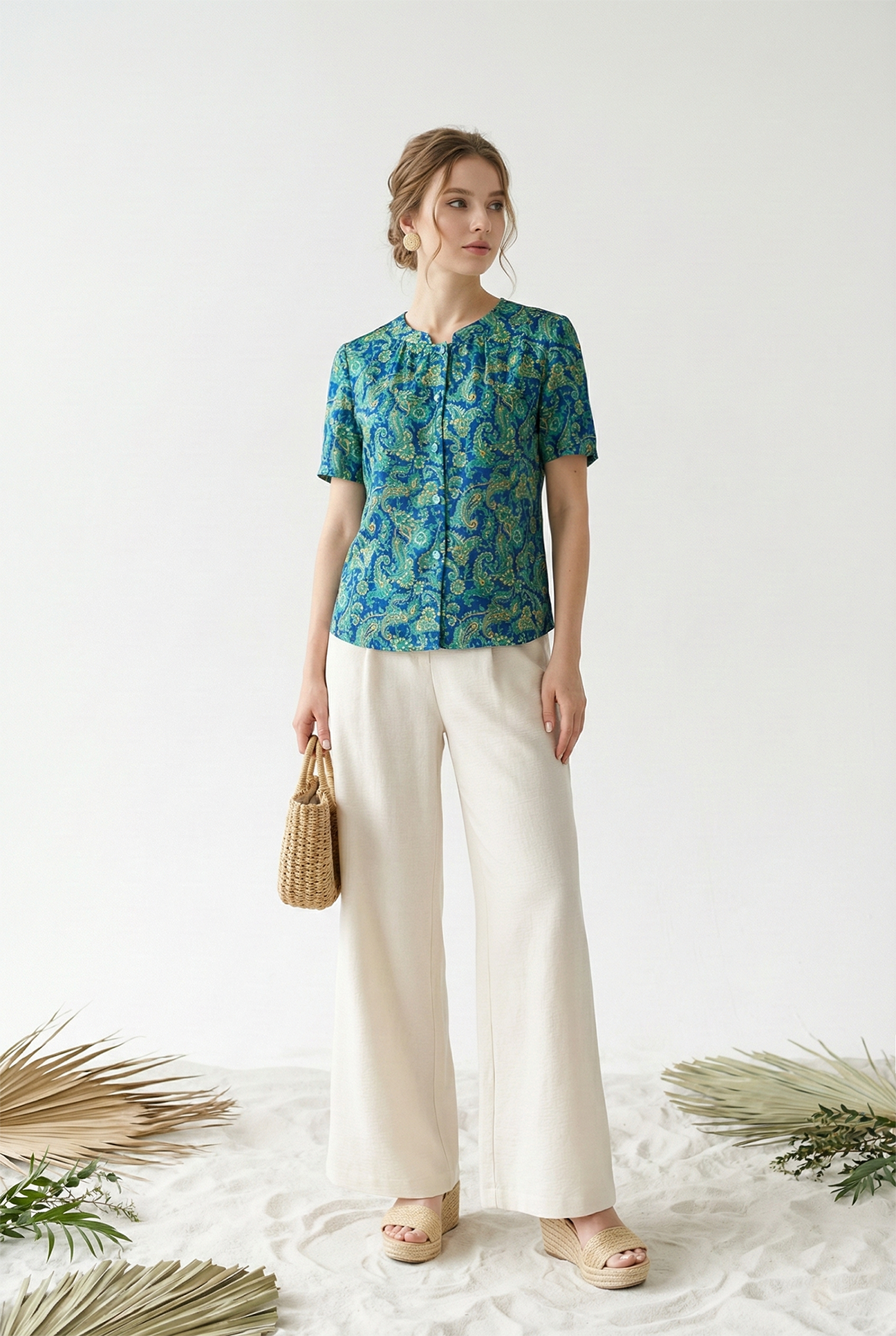 Áo sơ mi vải lụa gấm xanh in họa tiết cách điệu cổ tàu tay ngắn thiết kế MAZANO