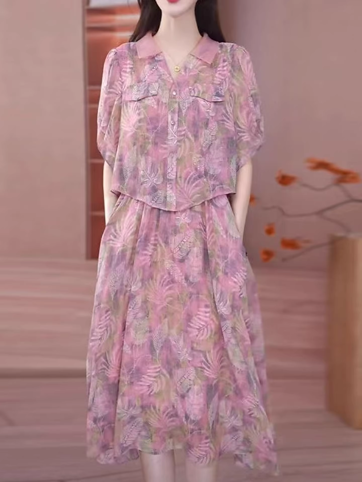 17972-Đầm xòe tay lở giả rời  in hoa  5D cổ bẻ kết nút cách điệu ( voan , lót)