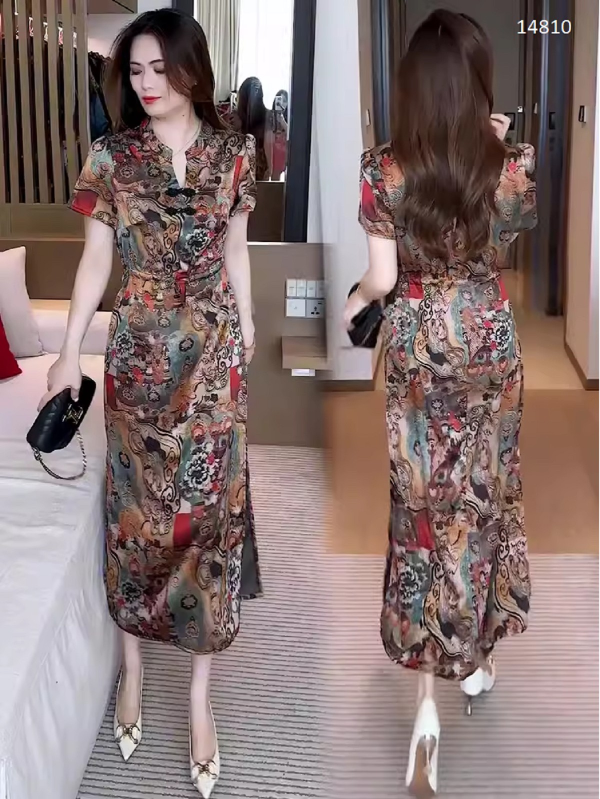 14810-Đầm suông cổ tàu kết nút eo thắt dây  rút in họa tiết cổ điển (latin)_thumbnail_1