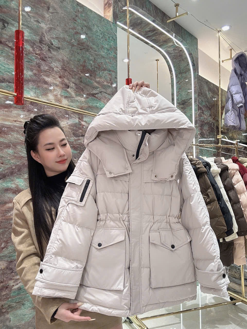 Áo phao rút eo Trắng Ghi - A7