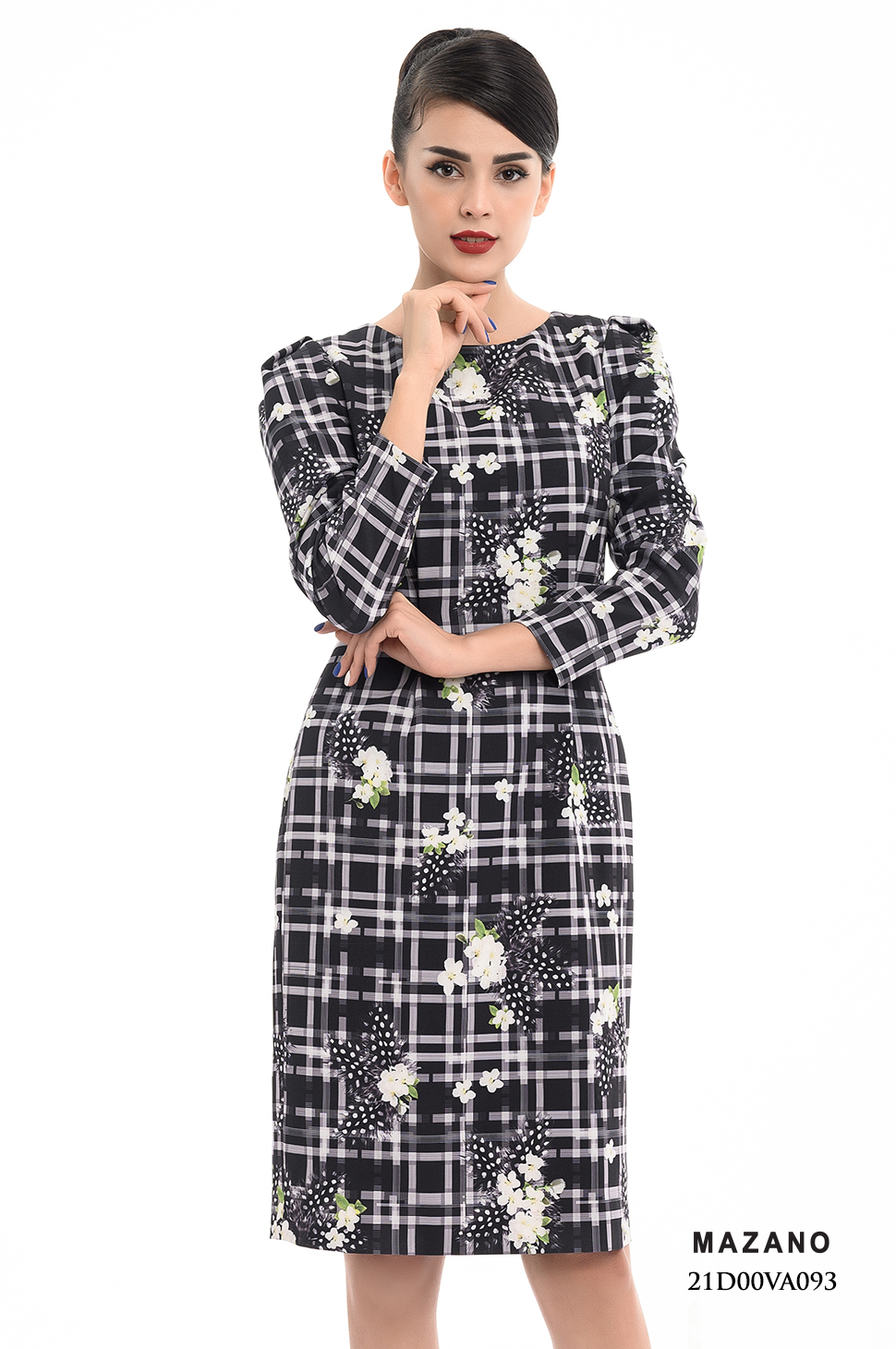 Đầm ôm họa tiết kẻ đính hoa thủ công phối tay bồng