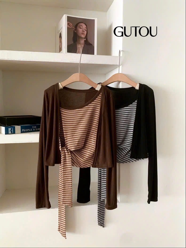 [ GUTOU ] Áo Hai Dây Mix Sọc Phối Áo Khoác Ngoài