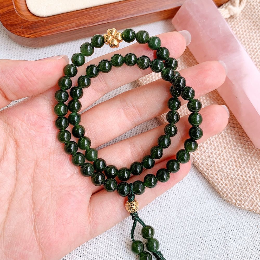 PT202 - Chuỗi vòng ngọc bích mix charm cỏ 4 lá bạc xi vàng