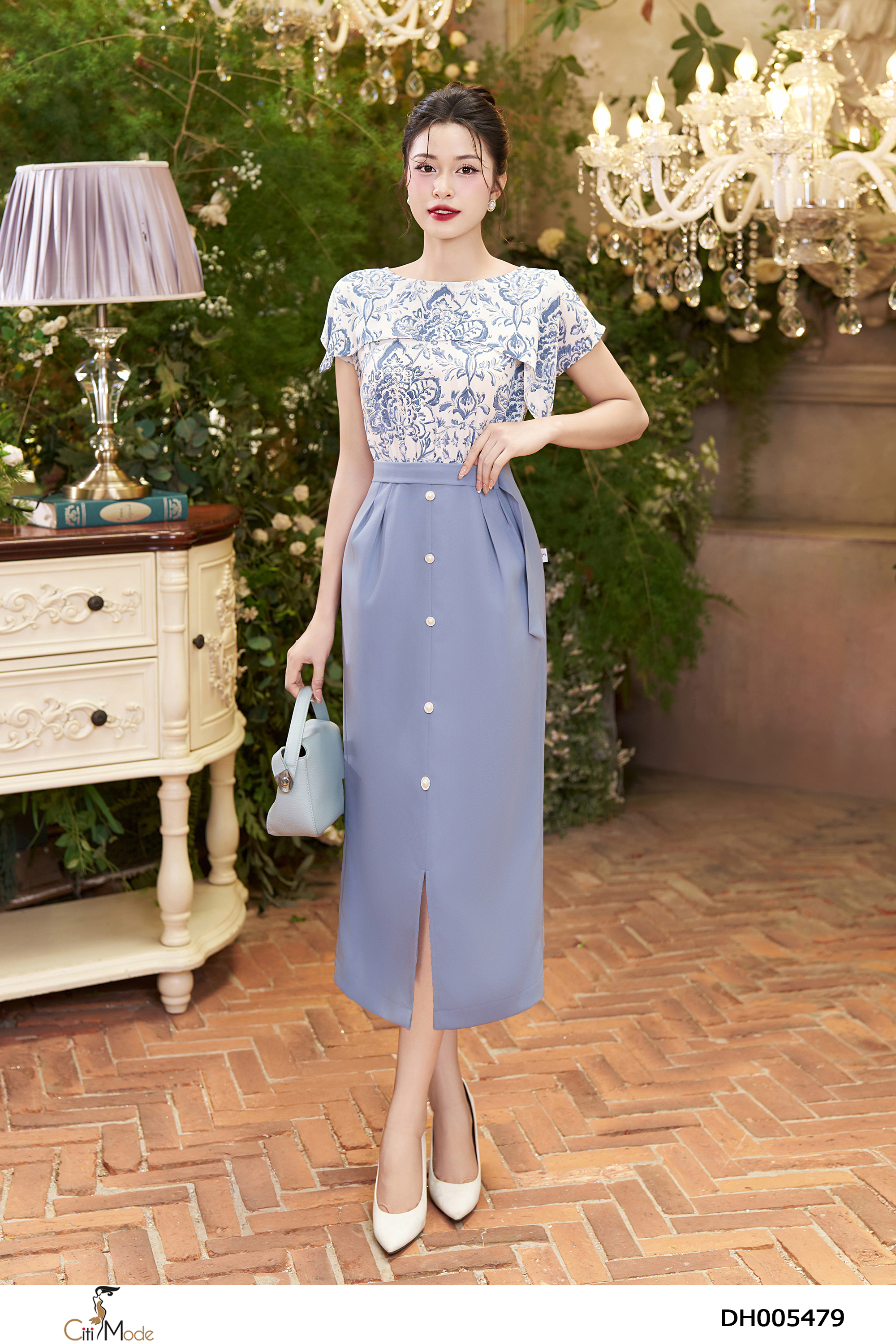 Đầm ôm phối họa tiết cổ tròn đai eo nhún hông_thumbnail_3