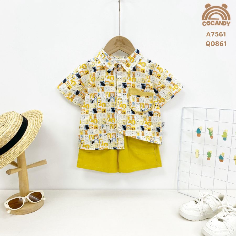 Áo cộc sơ mi hình thú túi ngực viền VÀNG