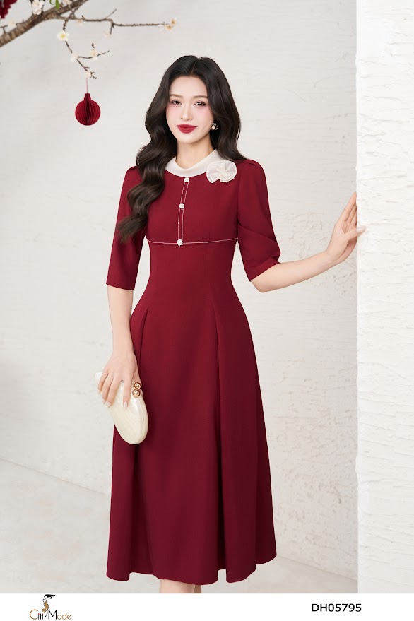 Đầm xòe đỏ tay lỡ cổ phối tơ kem_thumbnail_2