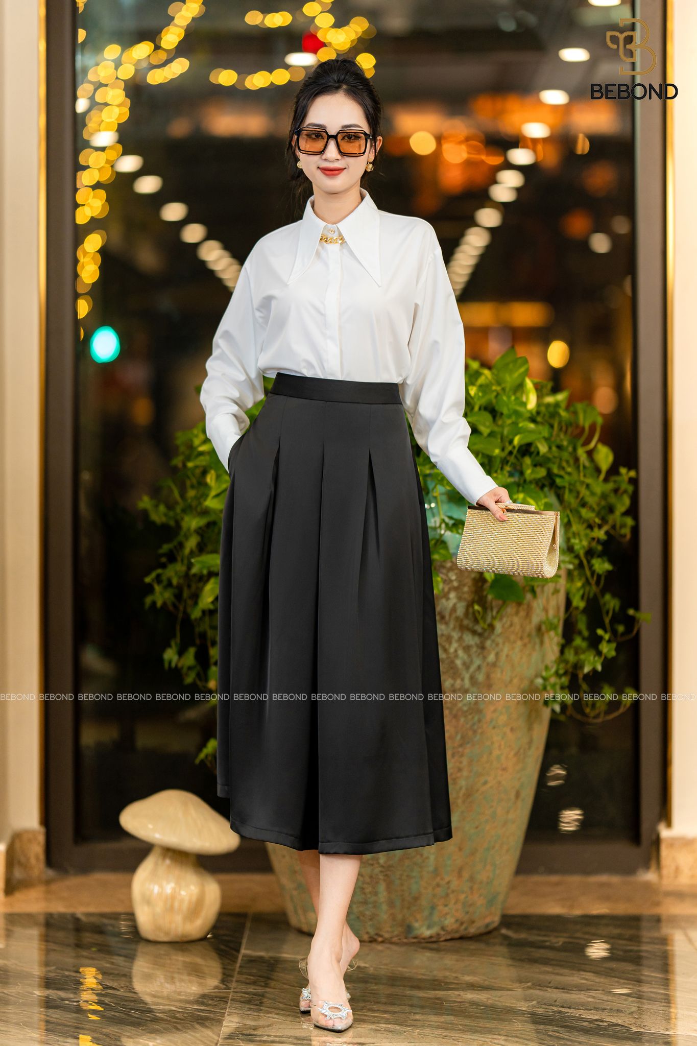 Set sơ mi thô cổ cách điệu Donna - chân váy xòe lụa queen Kaylin