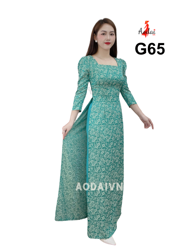 G65 Áo dài Gấm màu xanh ngọc cổ U tay phồng