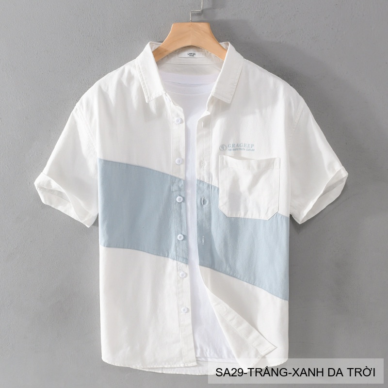 SA29 - Áo sơ mi nam tay ngắn phối màu trắng xám/xanh da trời phong cách Hàn Quốc_thumbnail_6