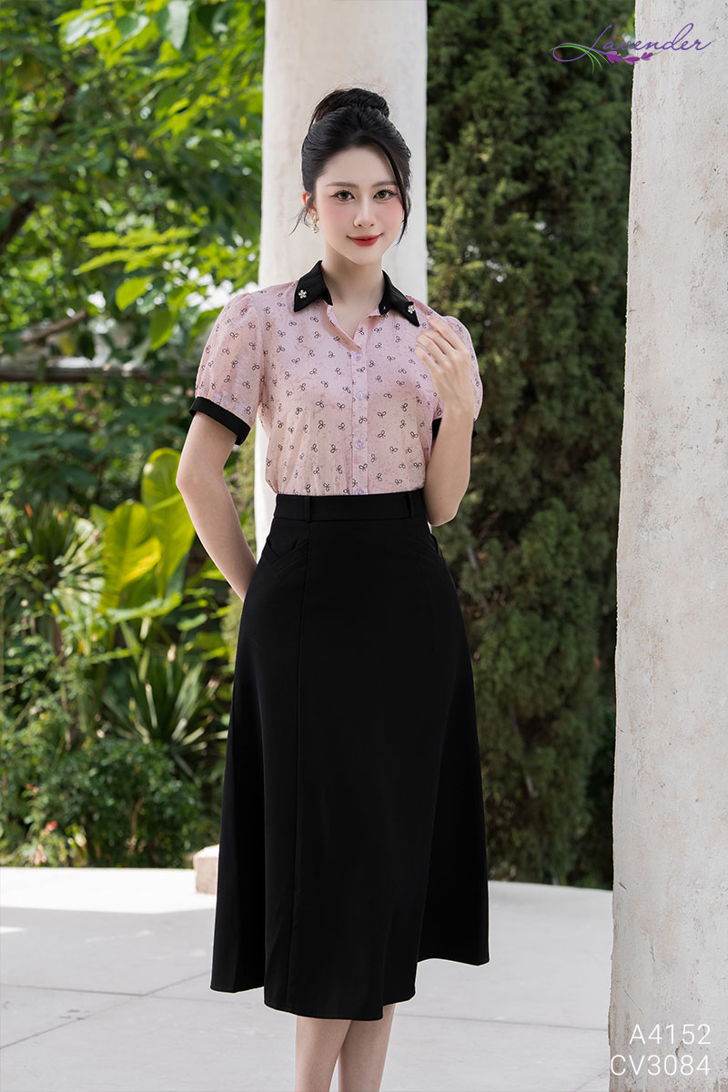 SET Áo sơ mi màu hồng hoạ tiết nơ phối đen A4152