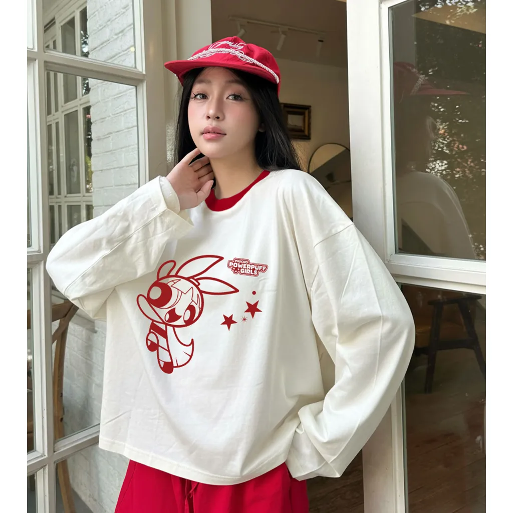 Áo thun boxy tay dài Miucho chất vải thoáng mát giữ form Powerpuff Girl be phối đỏ 2816_thumbnail_5