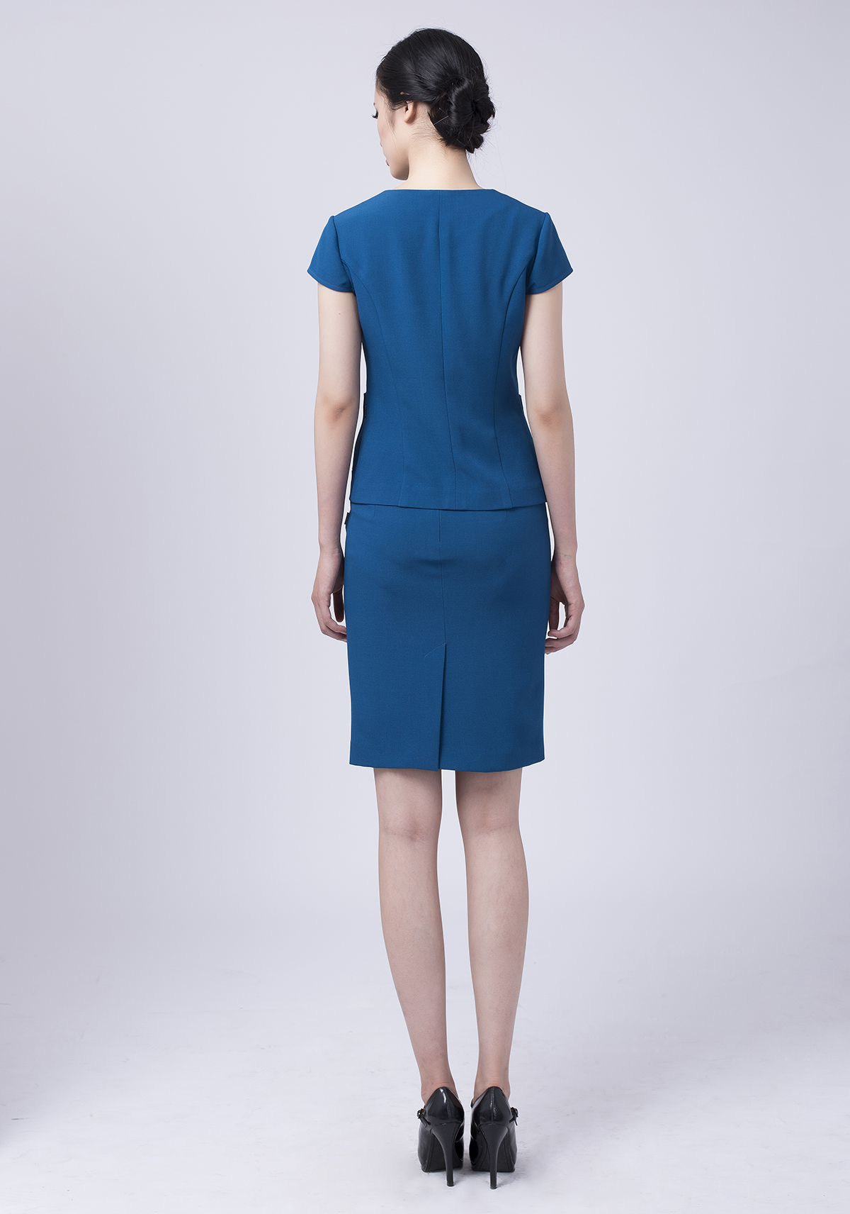 Bộ Áo ký giả ngắn tay và Chân váy juyp vải Tuytxi màu xanh_thumbnail_3