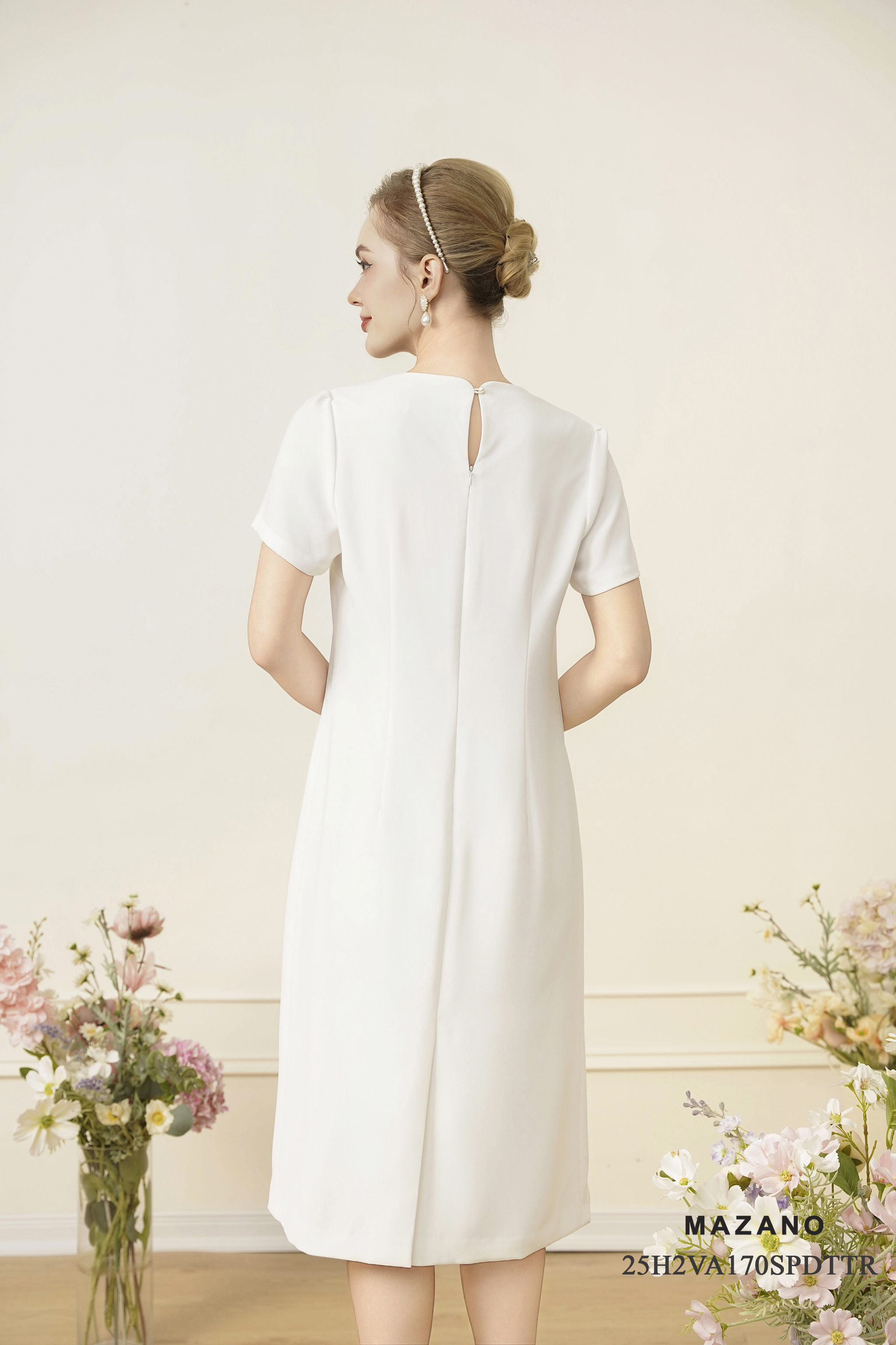 Váy Đầm suông Vải thô mỏng Đính trang trí thủ công Cổ tròn Tay ngắn Dài ngang bắp chân_thumbnail_4