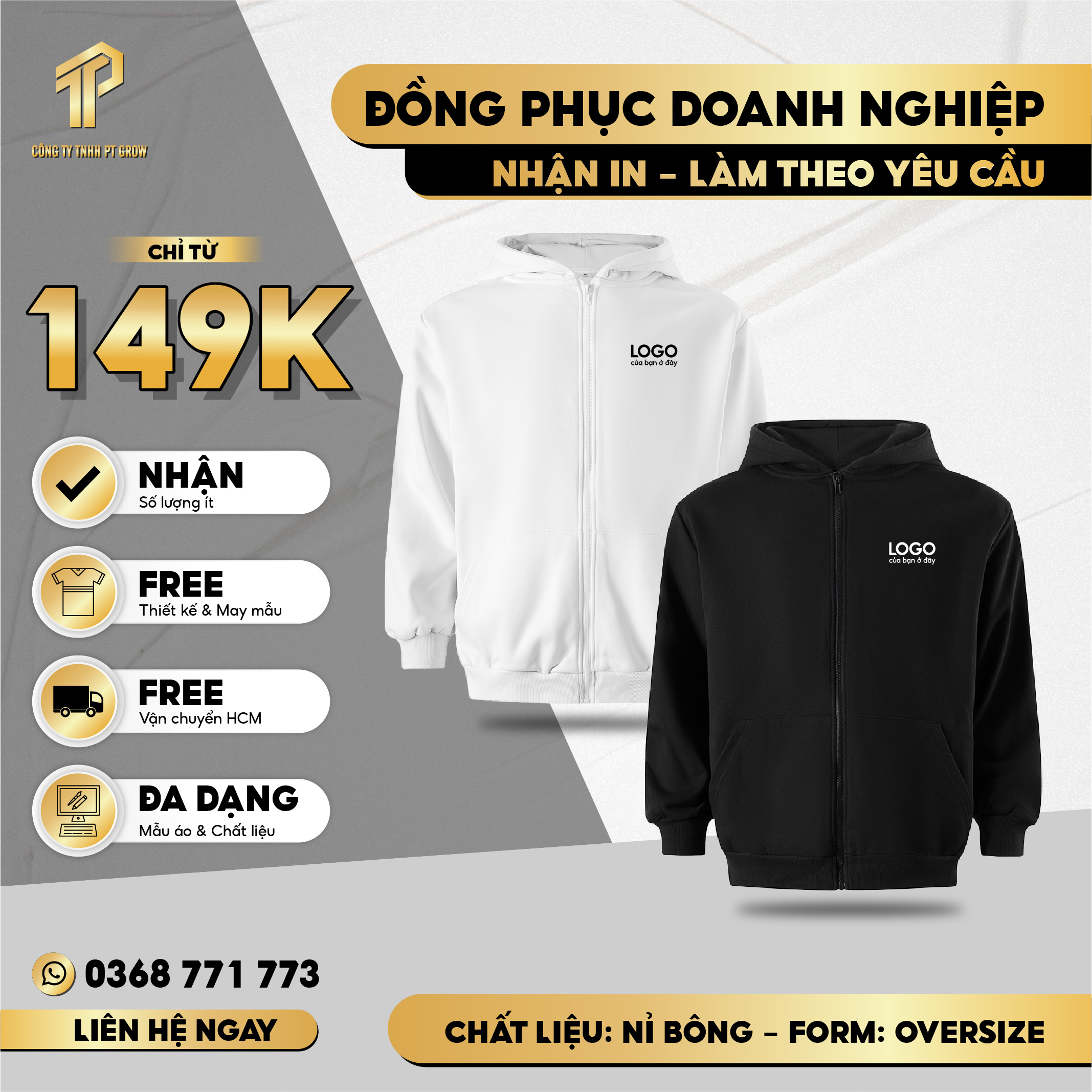 Áo hoodie zip trơn nữ form rộng HZT02 PTG chân cua