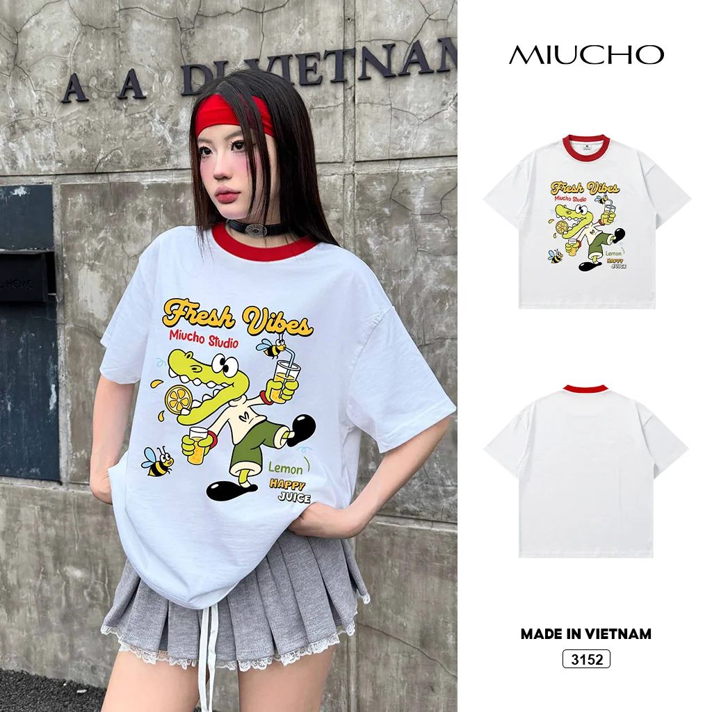Áo thun boxy phối cổ đỏ hoạt hình dễ thương Miucho 3152