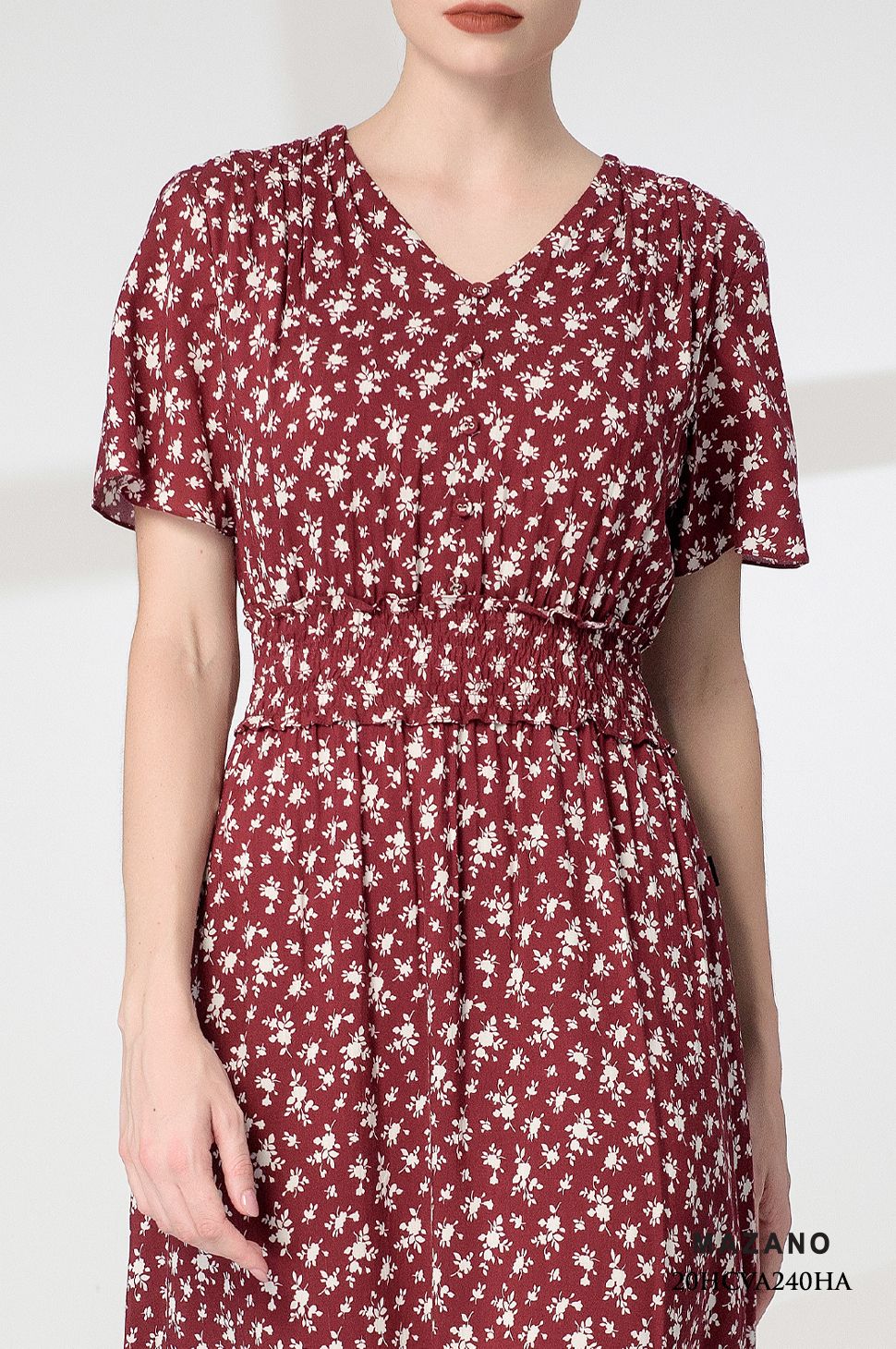 Đầm đỏ hoa nhí xòe rủ nhún bèo eo_thumbnail_4