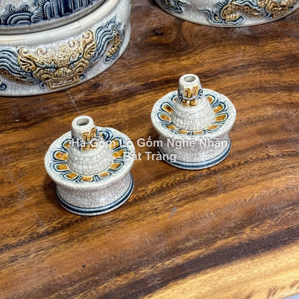 Chân/ đế cắm thuốc lá ban thần tài, ban gia tiên Thờ Cúng Men Rạn Rồng Hoa Sen nghệ nhân Bát Tràng_thumbnail_6