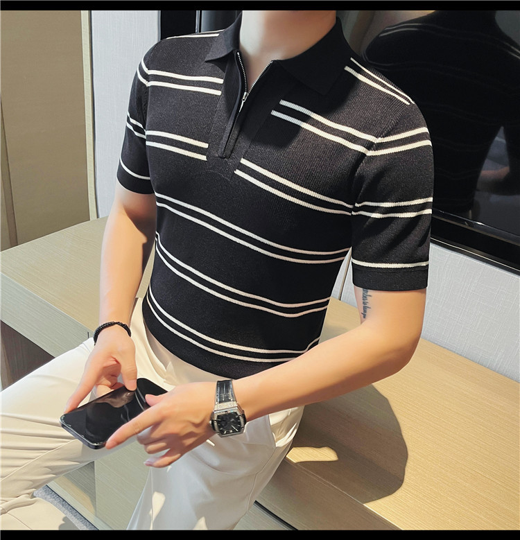 PA53 – Áo polo nam dệt kim sọc ôm body công sở