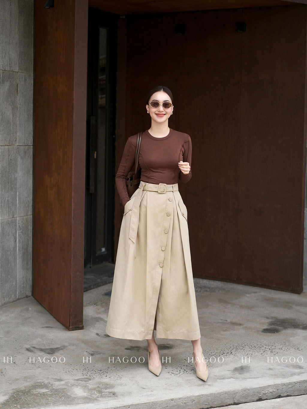 Chân váy kaki xếp ly nẹp chéo HAGOO_thumbnail_3