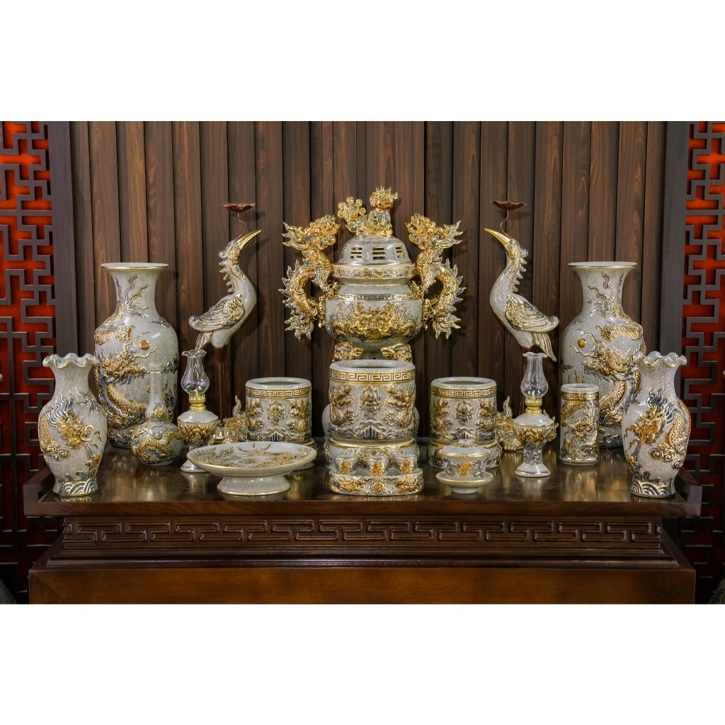 Bộ Đồ Thờ Men Rạn 1m2 - 1m75 Vẽ Vàng 24K 9999 Nghệ Nhân Chế Tác Cao Cấp Bát Tràng