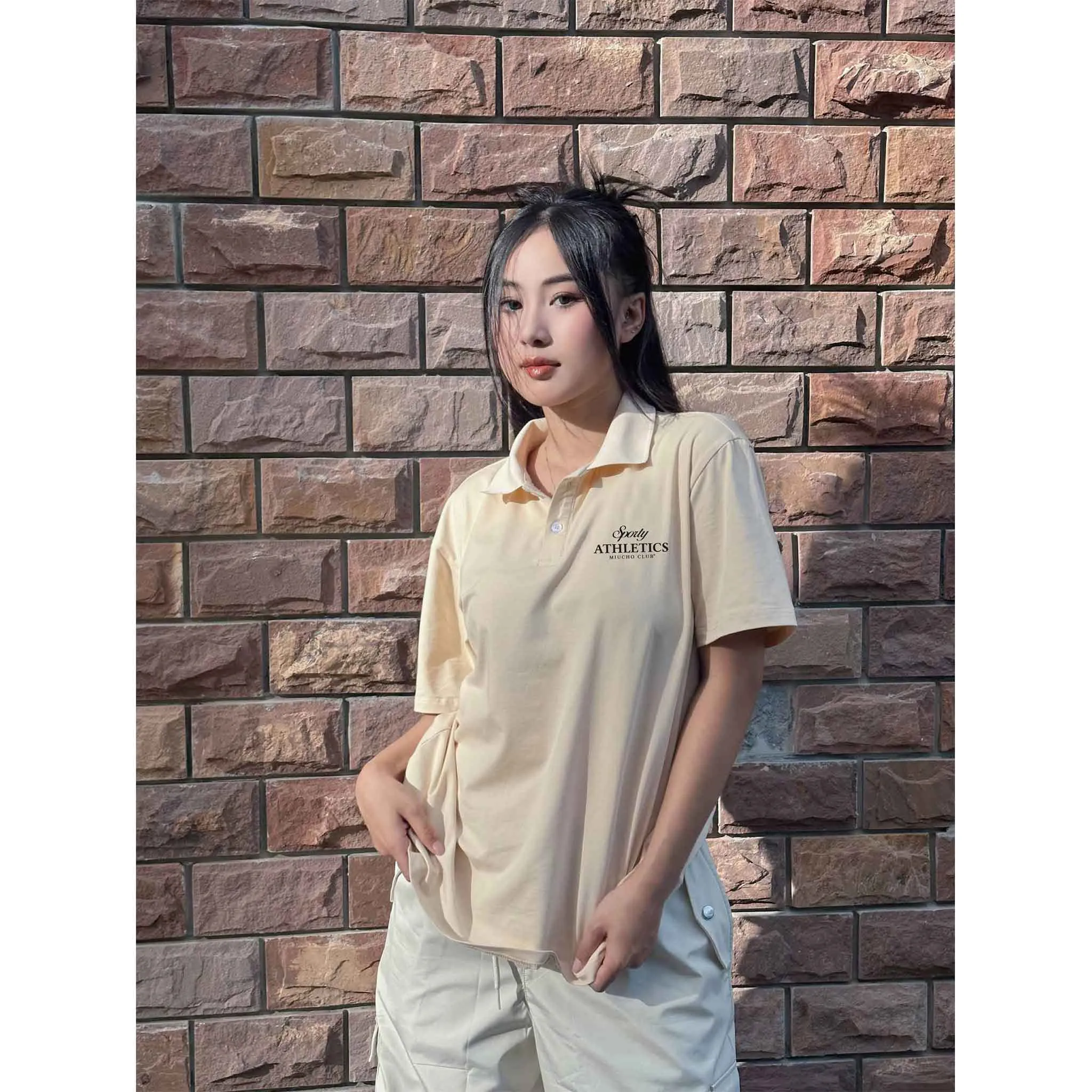 Áo polo form rộng in typography 2475 Miucho vải cotton thoáng mát mềm mại tay ngắn cổ trụ_thumbnail_5