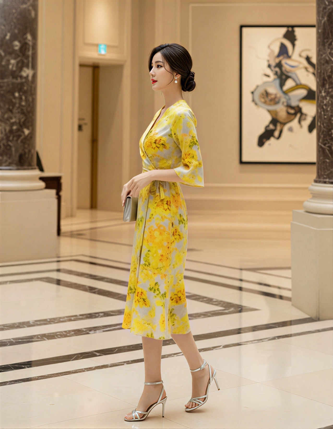 Đầm họa tiết cổ V đuôi cá kiểu đắp chéo cột eo_thumbnail_3