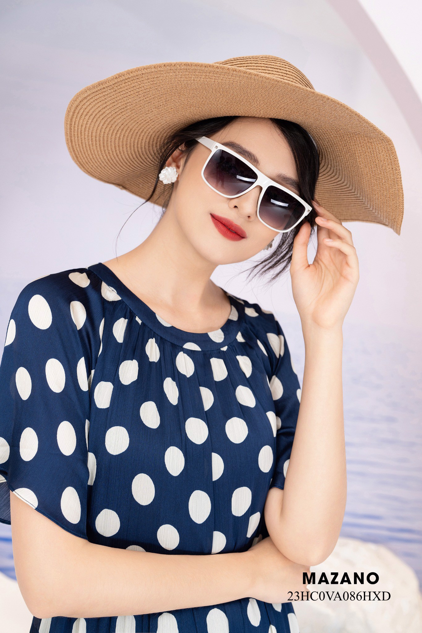 Váy Đầm suông A nhún tầng Vải chiffon lụa Họa tiết chấm bi Cổ tròn Tay ngắn Dài trên bắp chân_thumbnail_4