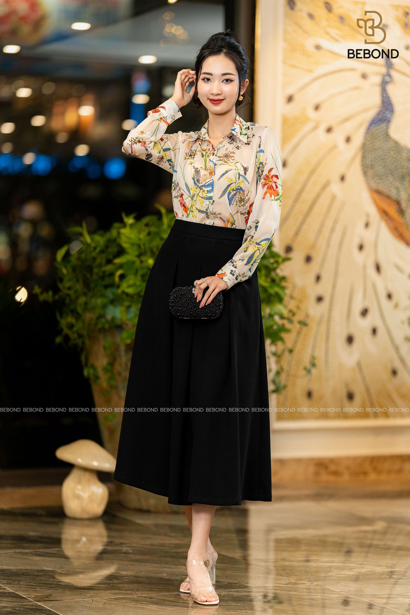 Set áo sơ mi Doris - chân váy xòe trượt ấn Kaylin