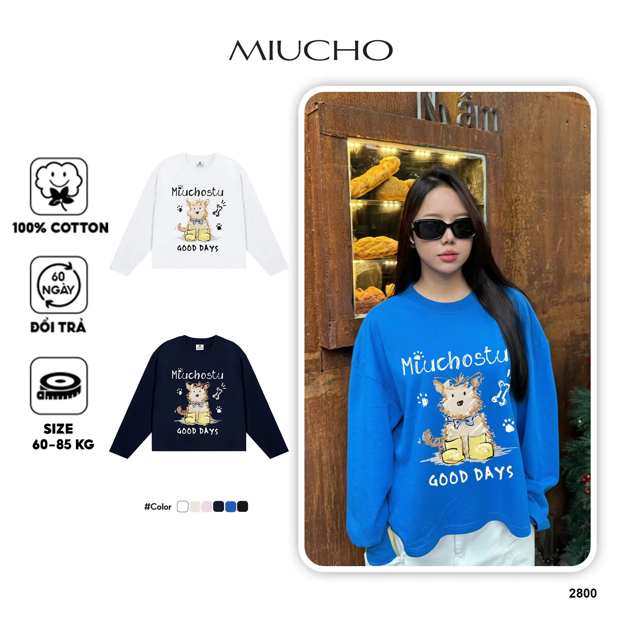 Áo thun tay dài form boxy Miucho vải cotton dày dặn thoáng mát Good days in mix 2800