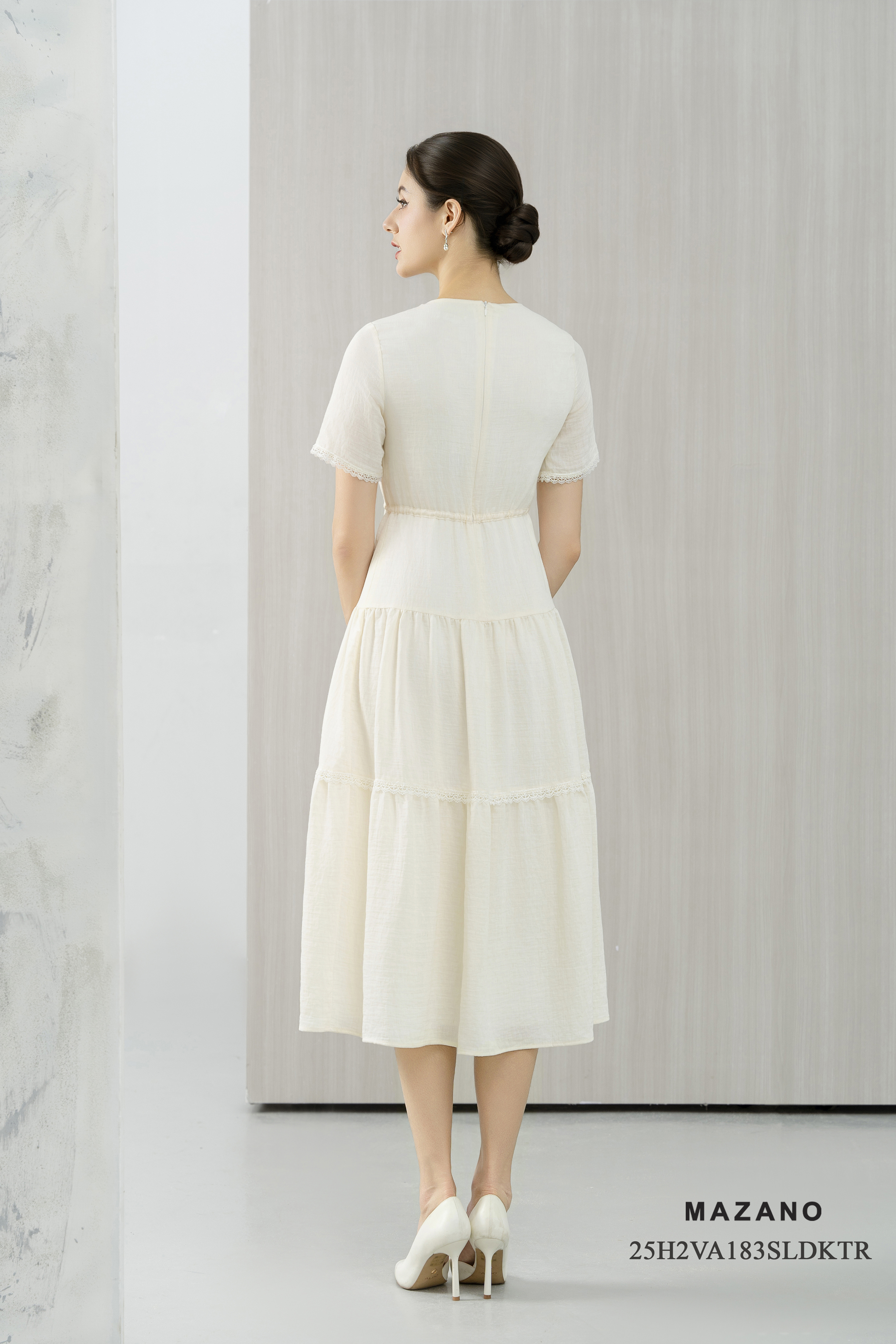 Váy maxi Vải linen lụa Trang trí phối ren Cổ V tay ngắn Dài đến mắt cá chân_thumbnail_5