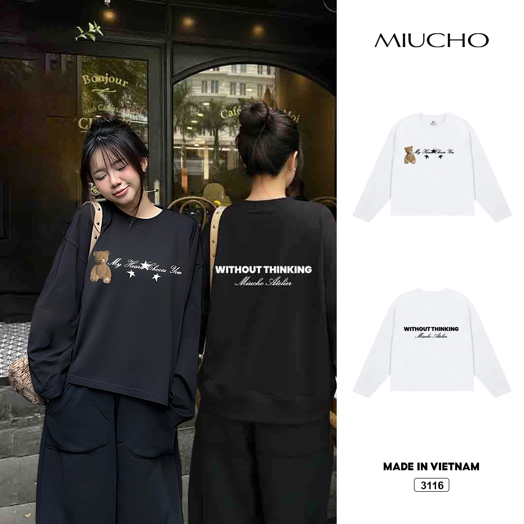 Áo thun boxy tay dài Gấu Teddy phối chữ Miucho 3116