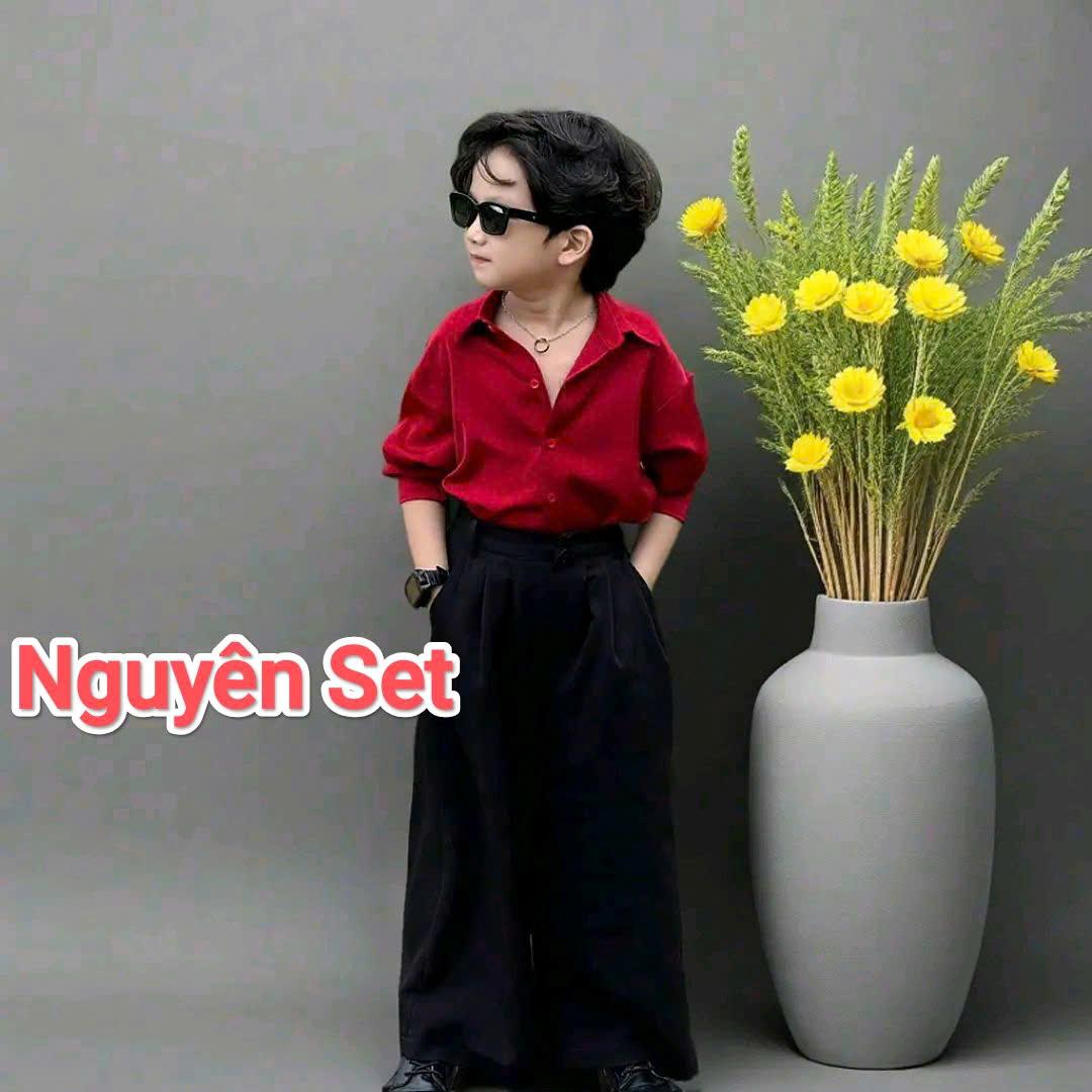 Áo Lụa Đỏ Dày Dặn, Quần Suông Đen Ống Rộng Cho Bé Trai._thumbnail_7