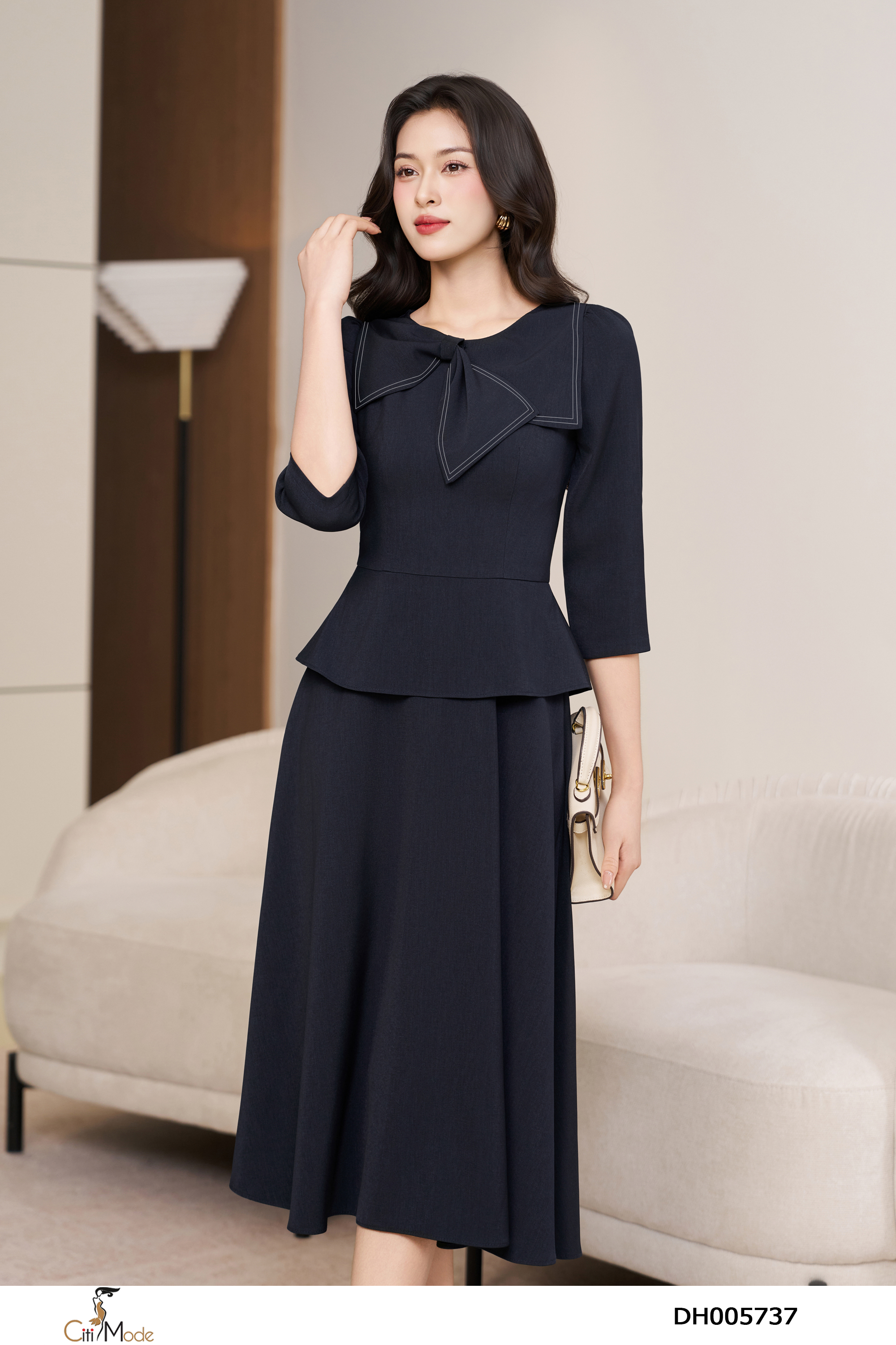 Đầm xòe peplum tím than vạt cổ nơ tay lỡ_thumbnail_2