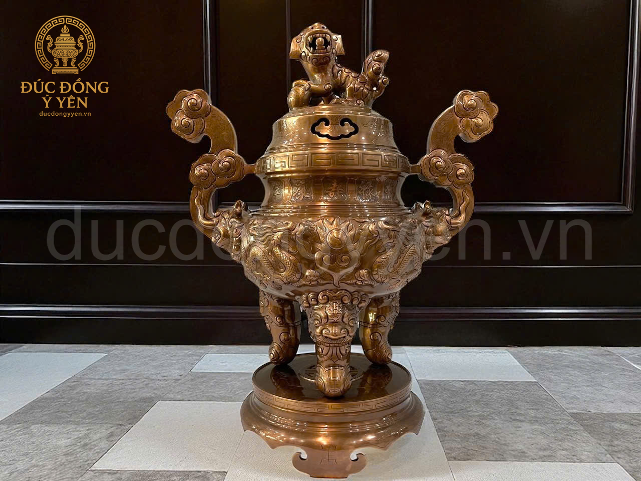 Bộ đỉnh thờ tam sự đúc đồng đỏ hoa văn rồng làm màu giả cổ _thumbnail_1