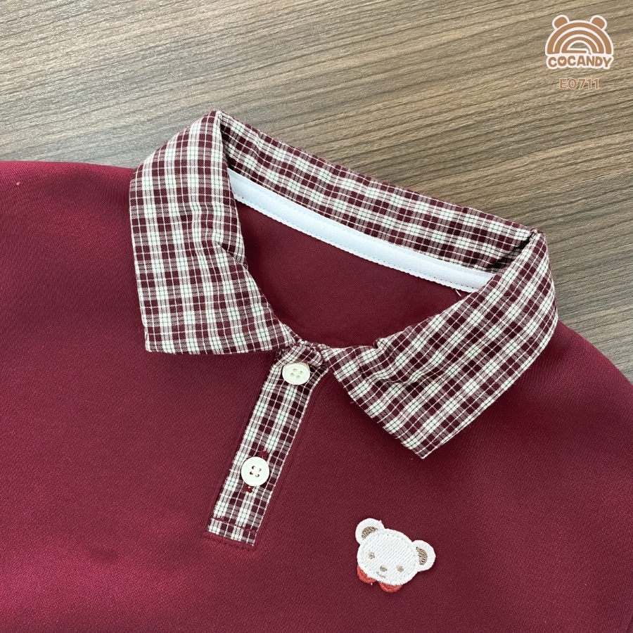 Áo dài nỉ ĐỎ phối cổ caro nâu_thumbnail_4