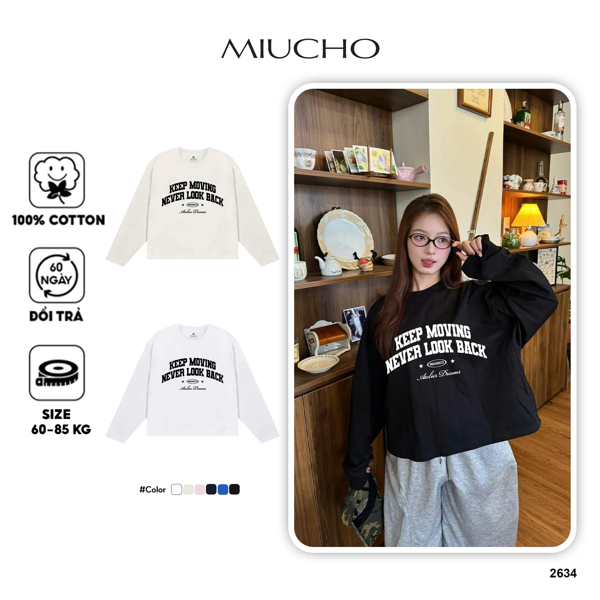 Áo thun boxy tay dài basic style in chữ 2634 Miucho vải cotton 2 chiều cao cấp dày dặn đứng form in mix