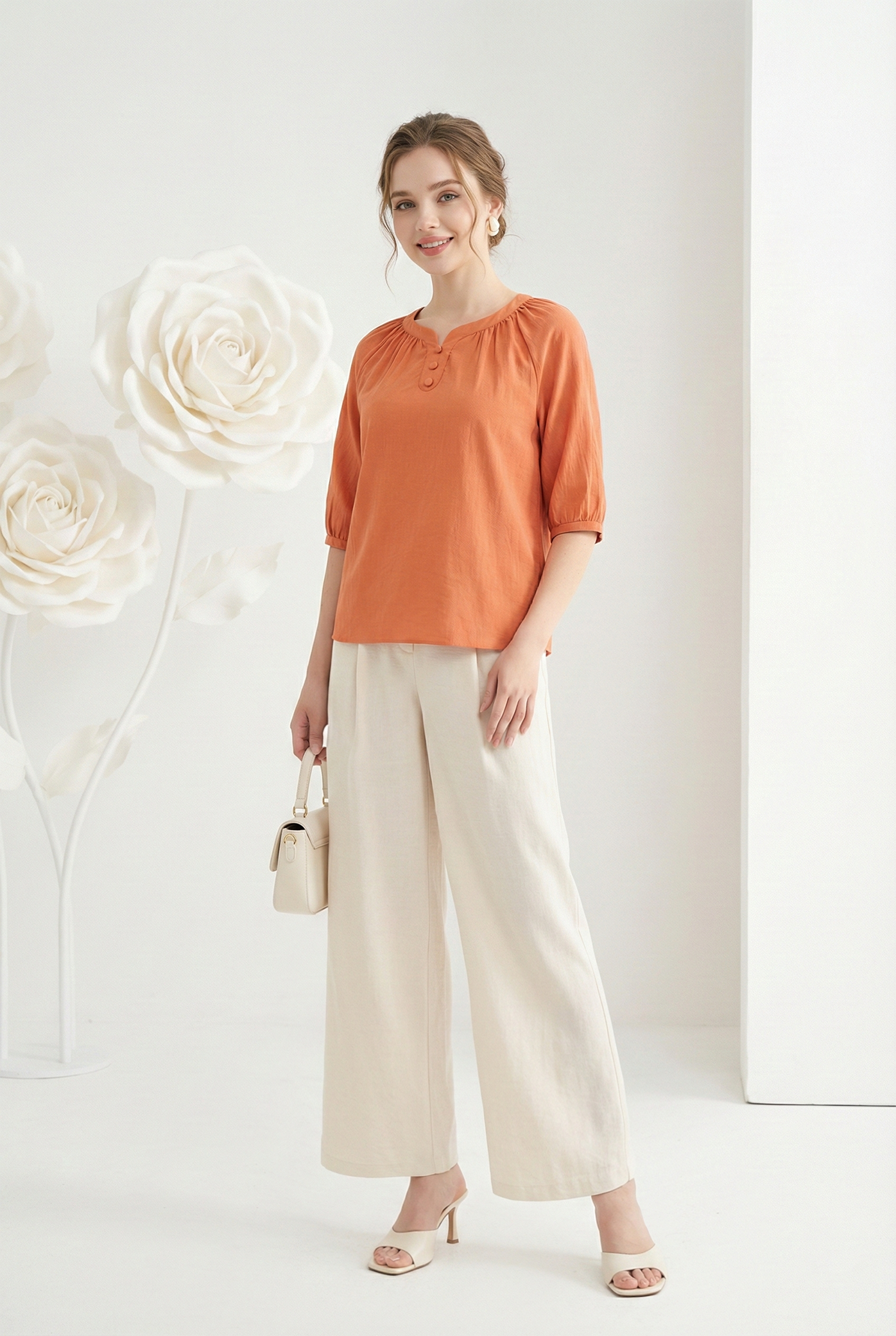 Áo tunic vải pha linen màu cam sữa dáng suông cổ cách điệu thiết kế MAZANO 1HB2SAS050CA_thumbnail_1