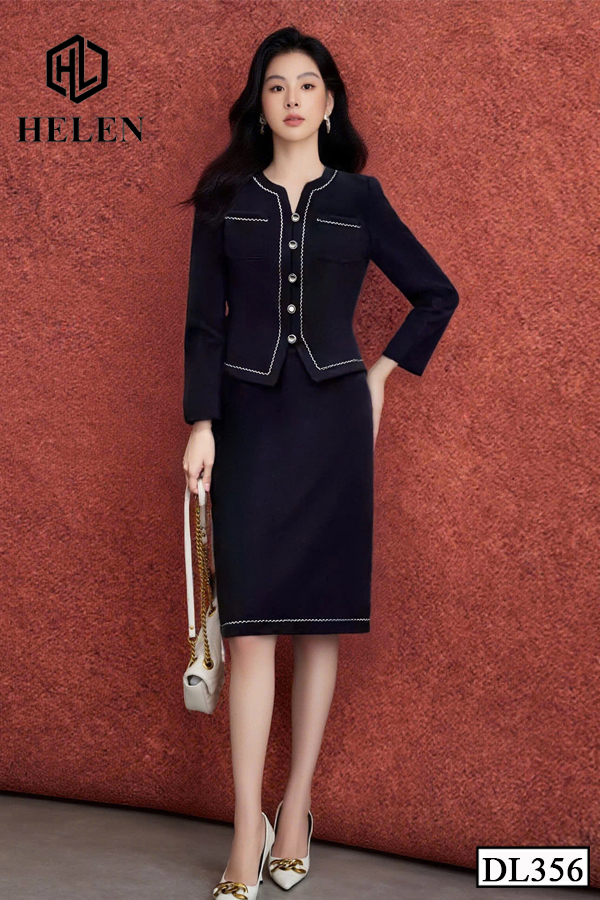 Đầm ôm peplum xanh than giả set phối ren DL356