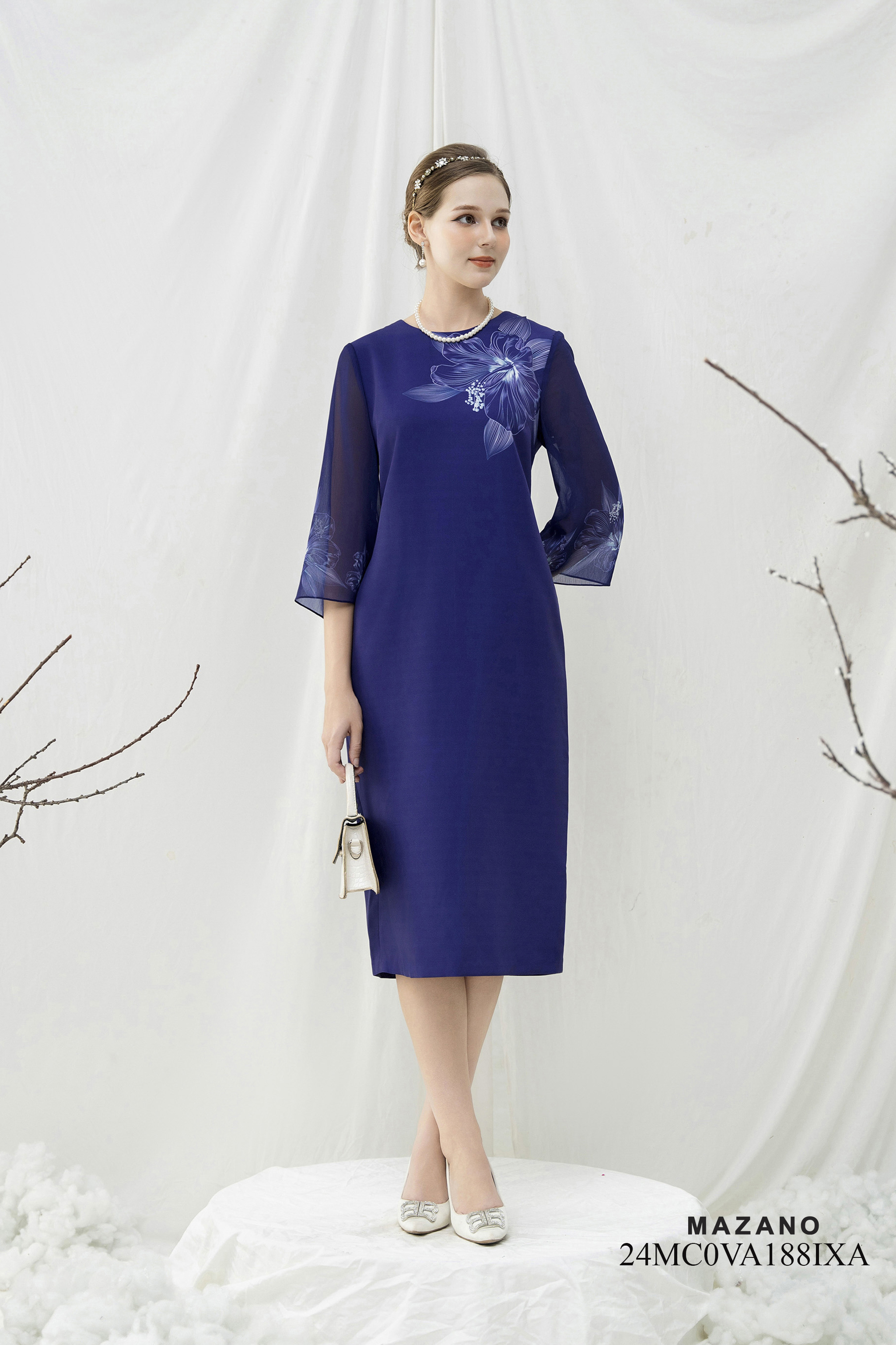 Váy Đầm Suông Vải thô phối Voan Hoạ tiết hoa bố cục  Cổ tròn Tay lỡ Dài đến bắp chân