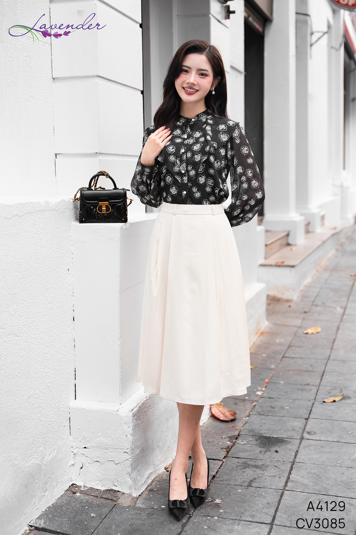 Set Áo sơ mi kt họa tiết hoa A4129 -ĐEN