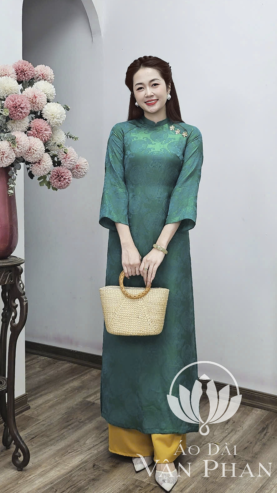 CT353 áo dài cách tân cổ 2p tay loe dài tằm tencel màu xanh két_thumbnail_2