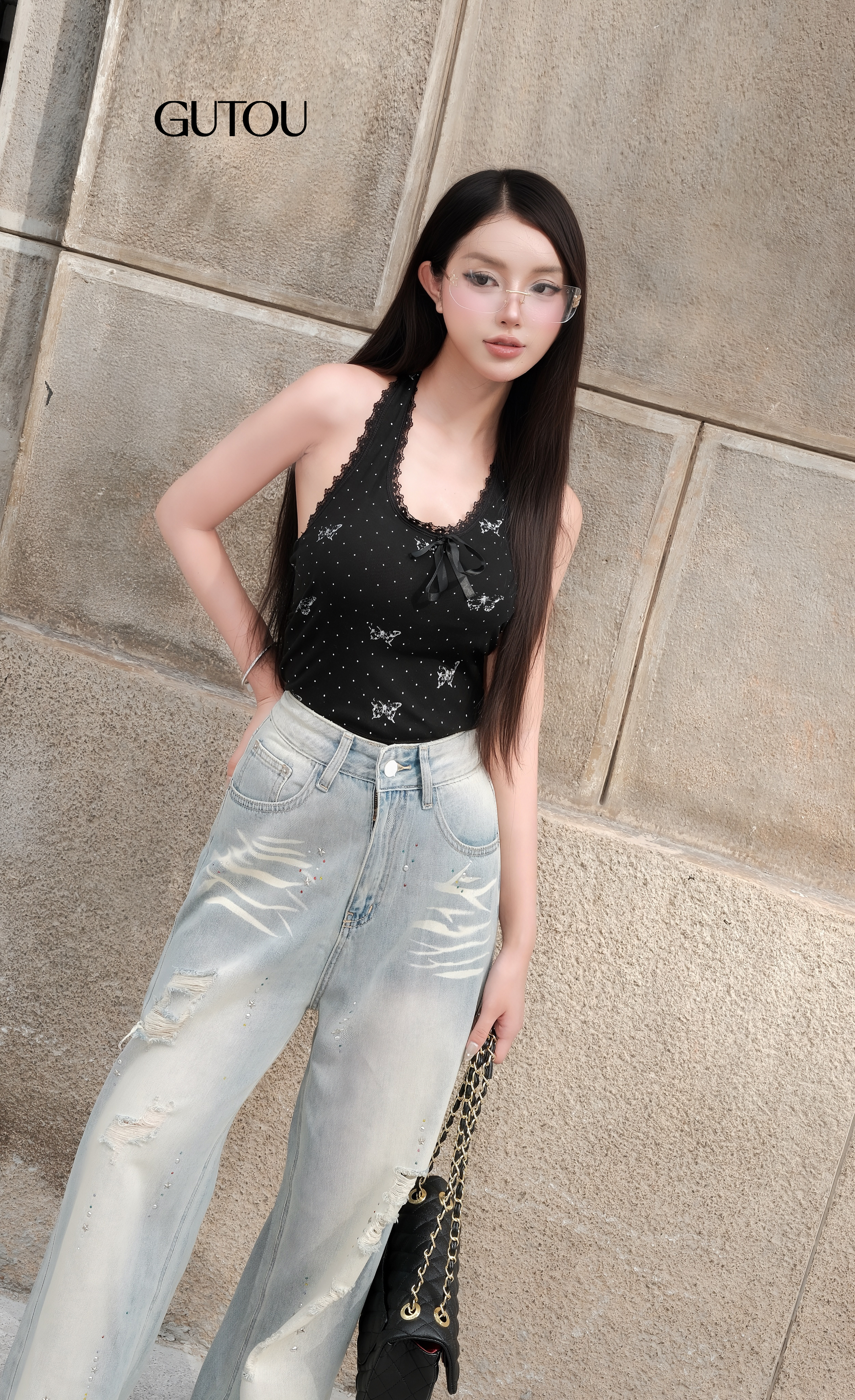 [ GUTOU ] Quần Jean Suông Wash Xước Đính Đá_thumbnail_3