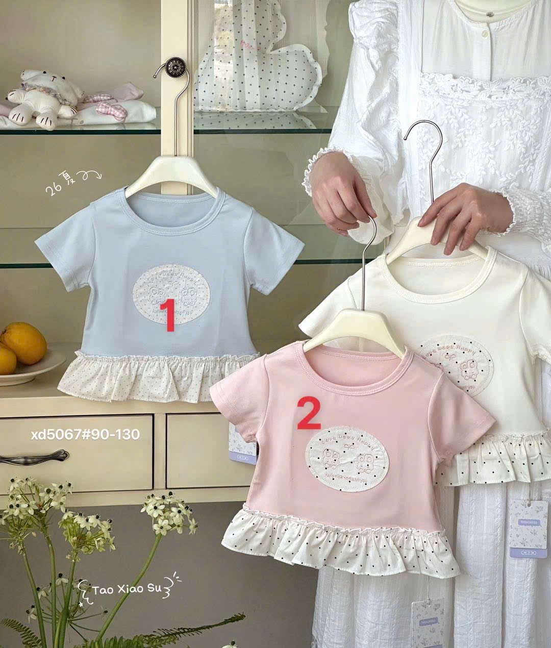 (C32) Áo thun cộc tay thêu tape viền bèo chấm bi hãng TX