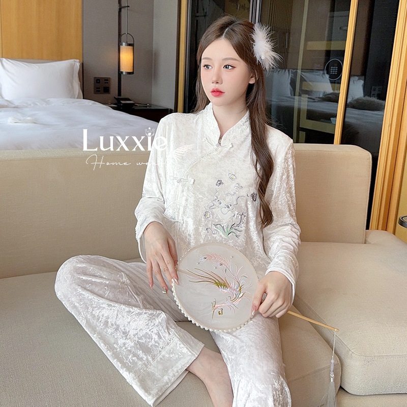 NHUNG17 Pijama vải nhung trắng phong cách trung hoa