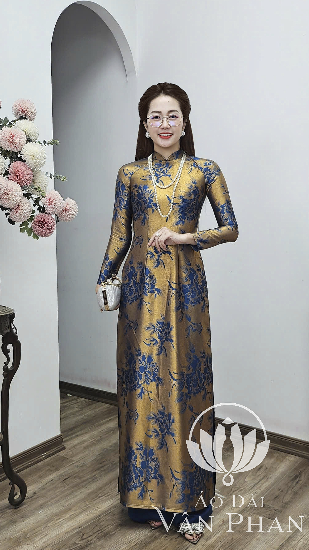 A3155 áo dài cổ 3p tay dài lụa dubai xanh cổ vịt ánh vàng