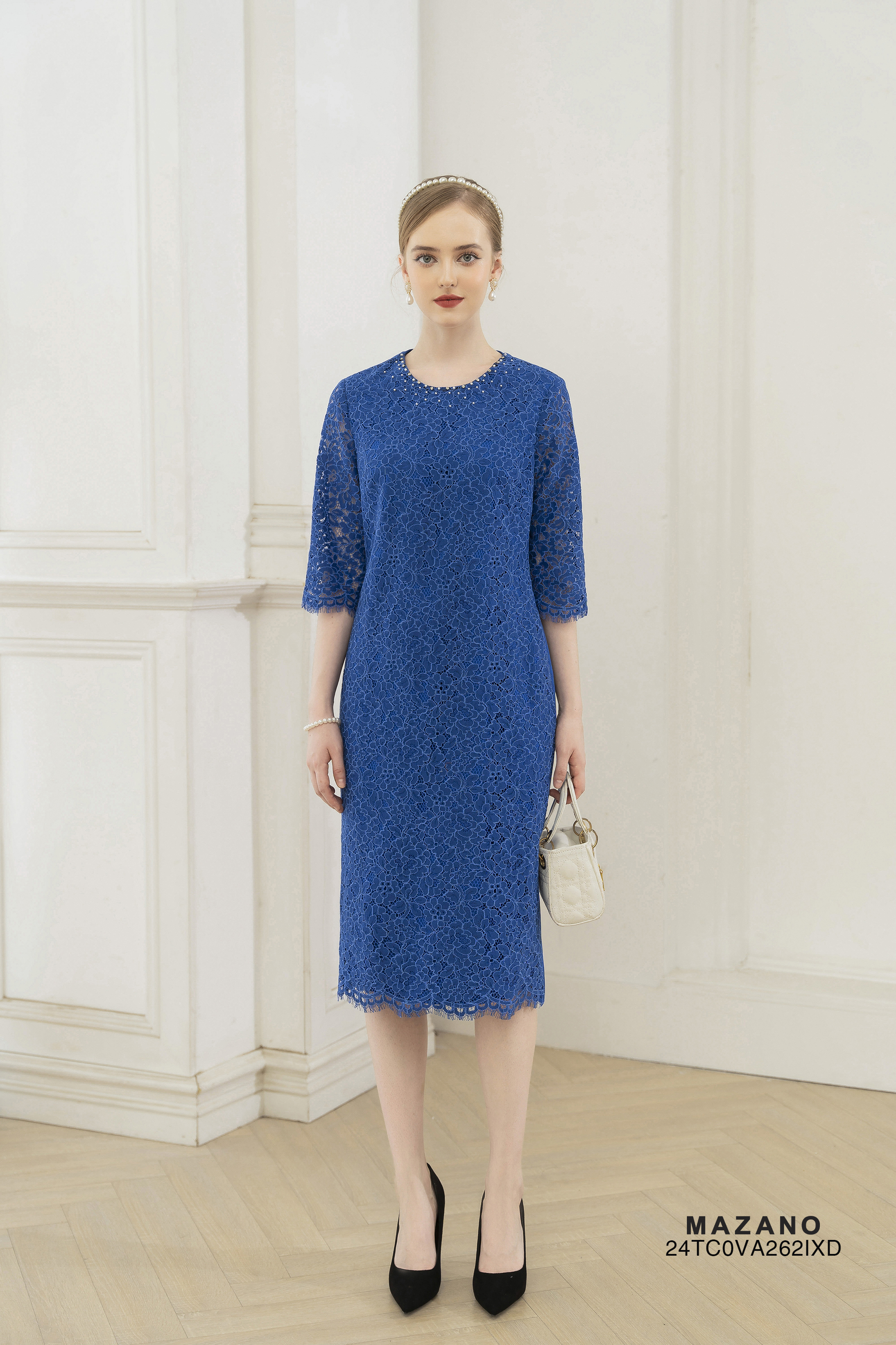 Váy Đầm suông Phối chất liệu Đính trang trí cườm trên cổ Cổ tròn Tay lỡ Dài qua gối