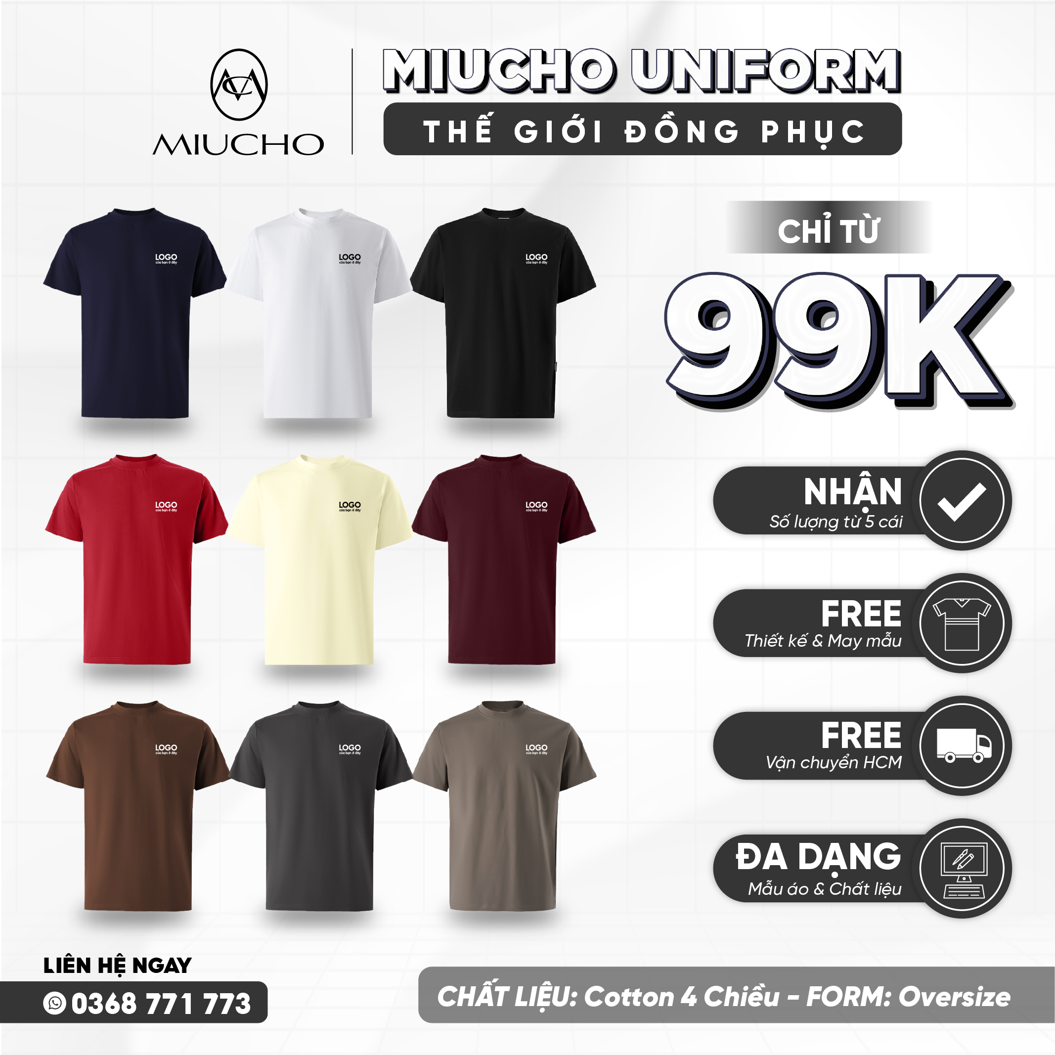 Áo thun trơn form rộng ATT01 Miucho vải cotton cổ tròn in basic Top Trắng