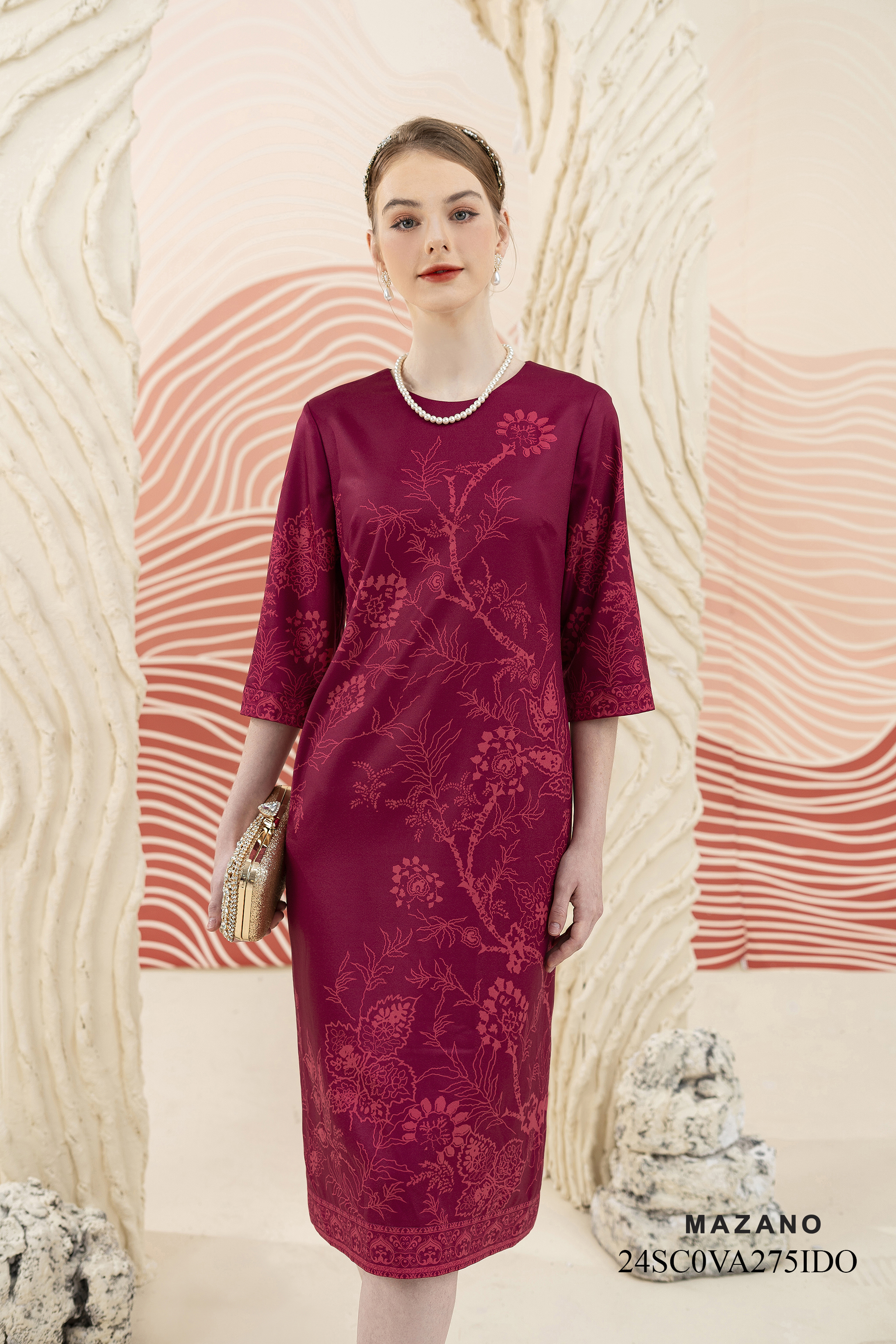 Váy Đầm suông Vải thô Hoạ tiết cách điệu Cổ tròn Tay lỡ Dài đến bắp chân_thumbnail_3