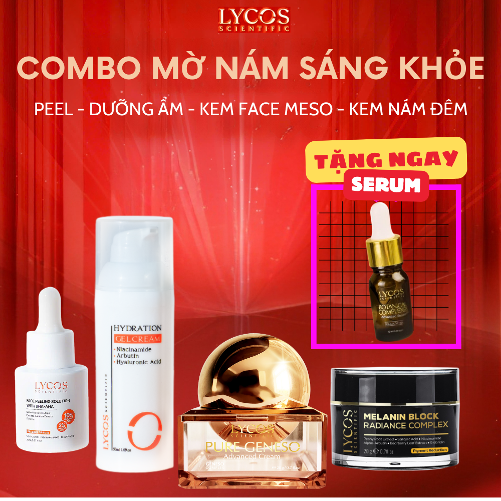 Combo Mờ Nám Sáng Khỏe 4 Bước Lycos – Peel Da, Gel Dưỡng Ẩm, Kem Face Meso, Kem Nám Đêm – Giảm Thâm, Đều Màu, Trẻ Hóa Da