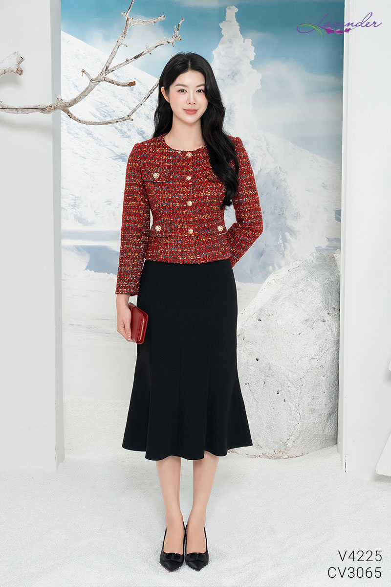 Áo dạ tweed vạt vuông (áo lẻ, đỏ, đen